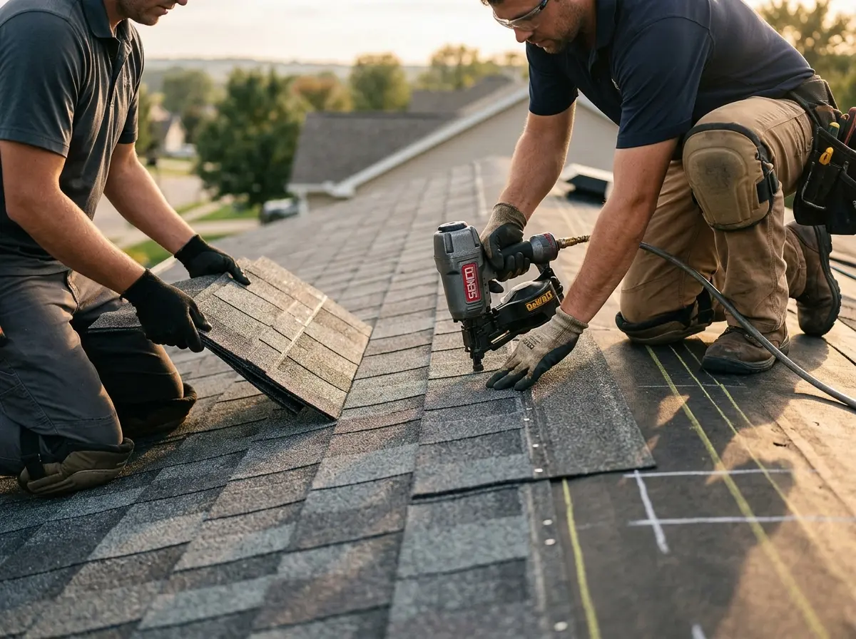 Professional roofer working on a residential roof in Plano